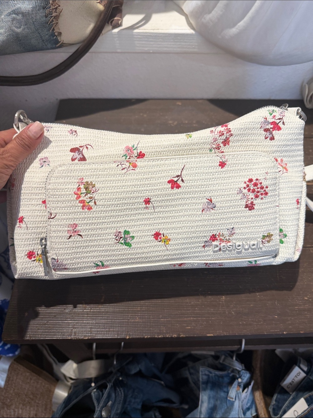 Desigual White Floral Woven Crossbody with Pink & Green Accents
